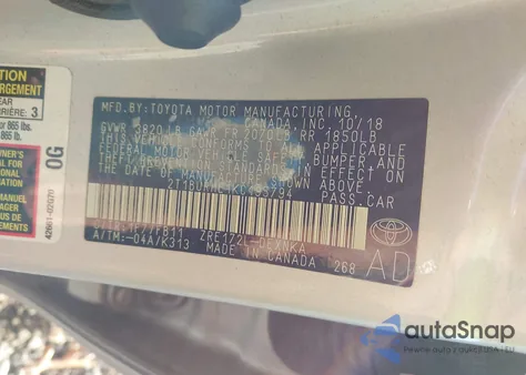 2019 Toyota Corolla Le from USA, damaged, VIN 2T1BURHE1KC195794